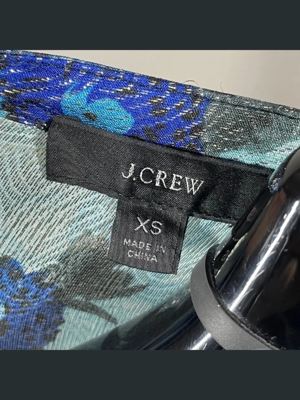 NEW J Crew Shirt Womens XS blue black silver floral ruffle button up blouse